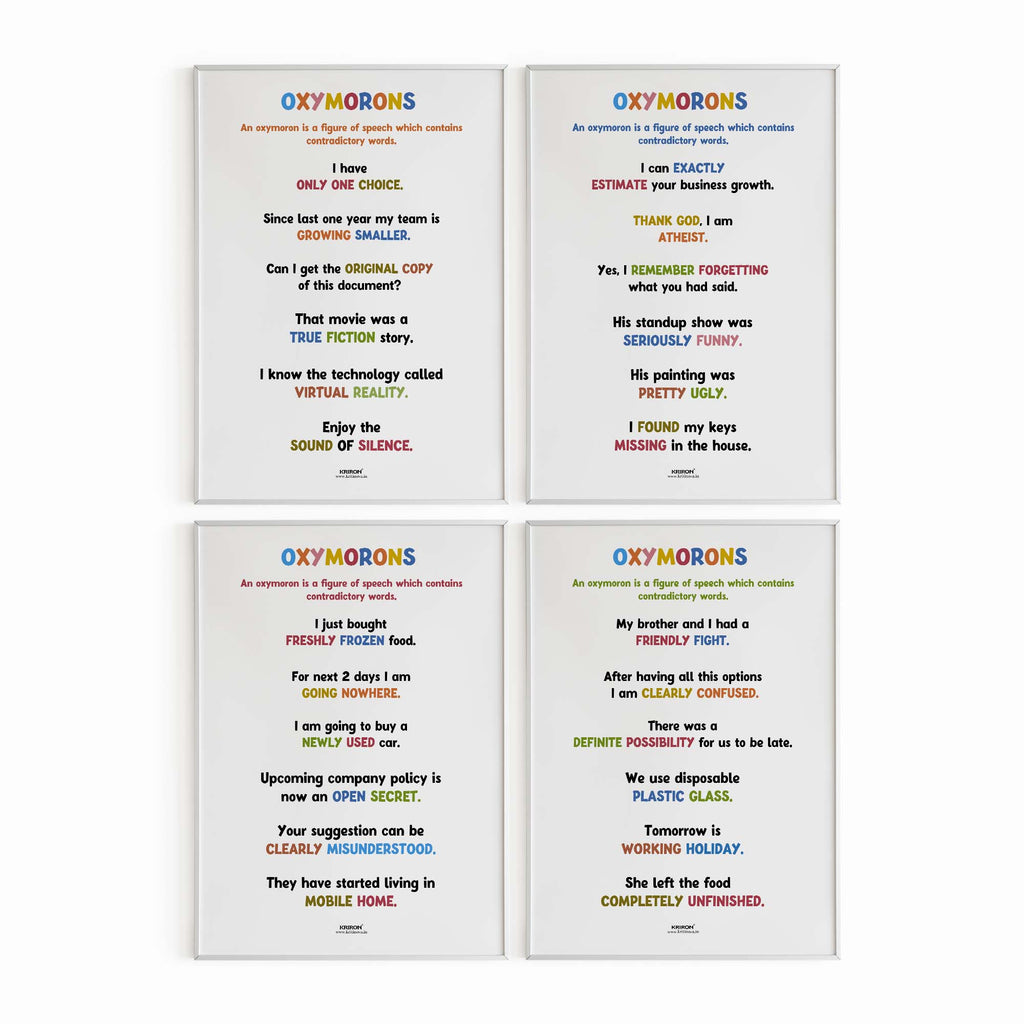 Pack of 4 - Funny Oxymoron, Educational English Poster, Kids Room Decor, Classroom Decor, Funny English Language Wall Art