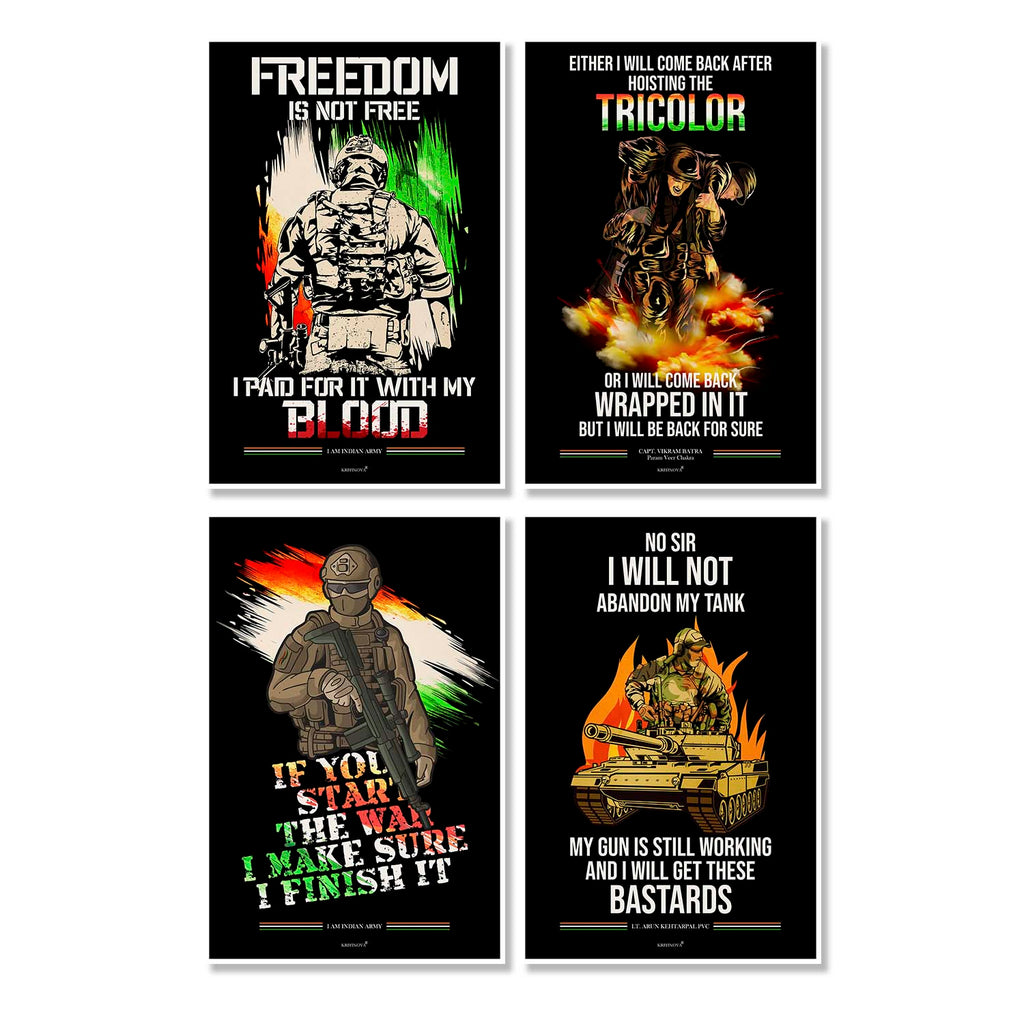 Set Of 4 - Patriotism In My Blood Quote Posters, Indian Army Poster, Armed Forces, Bravehearts, Aazadi Ka Amrit Mahotsav Poster, Gift for Soldiers, Gift for Veterans