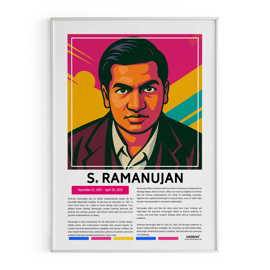 Srinivasa Ramanujan Poster | Inspirational Wall Art | Famous Scientist Portrait | Educational STEM Classroom Print