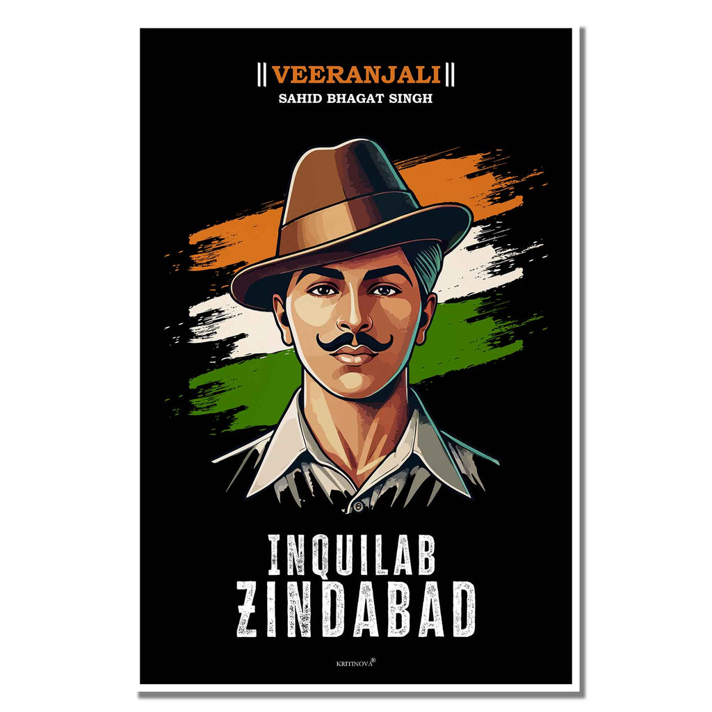VIRANJALI, Sahid Bhagat Singh, Freedom Fighter Wall Art, Inquilab Zindabad, Patriotic Wall Art, Gift for Patriot