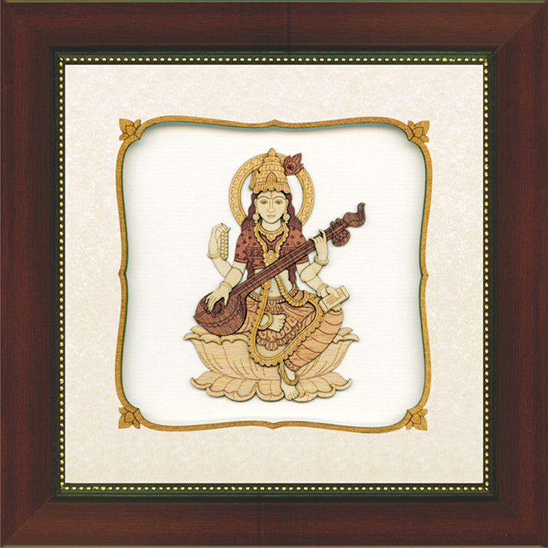 Maa Saraswati Wood Carving Wall Art, Wood Carving Frame, 3D Wall Art