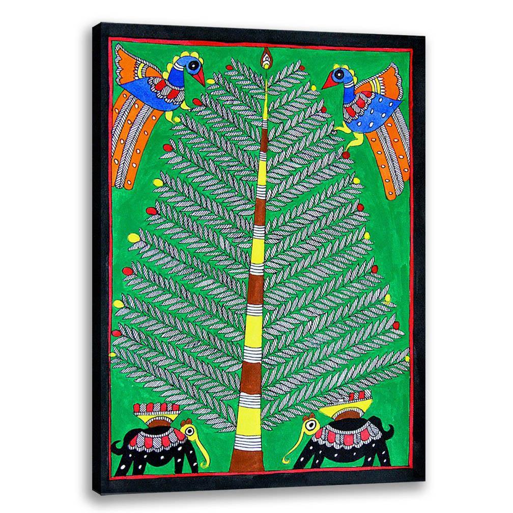 Tree and Animals, Madhubani Art, Mithila Painting, Indian Traditional Art, Cultural Gift, Tribal Artwork