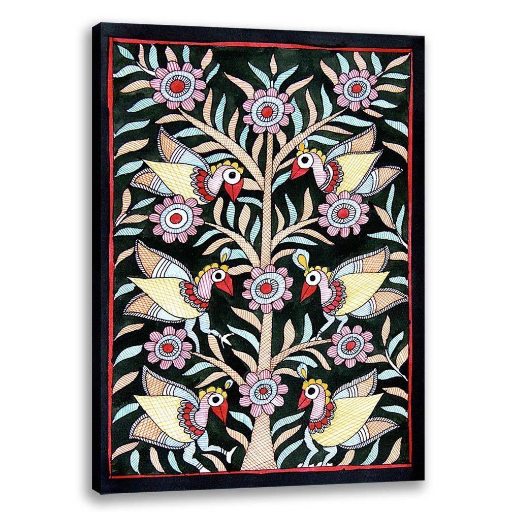 Birds on Tree 2, Madhubani Art, Mithila Painting, Indian Traditional Art, Cultural Gift, Tribal Artwork