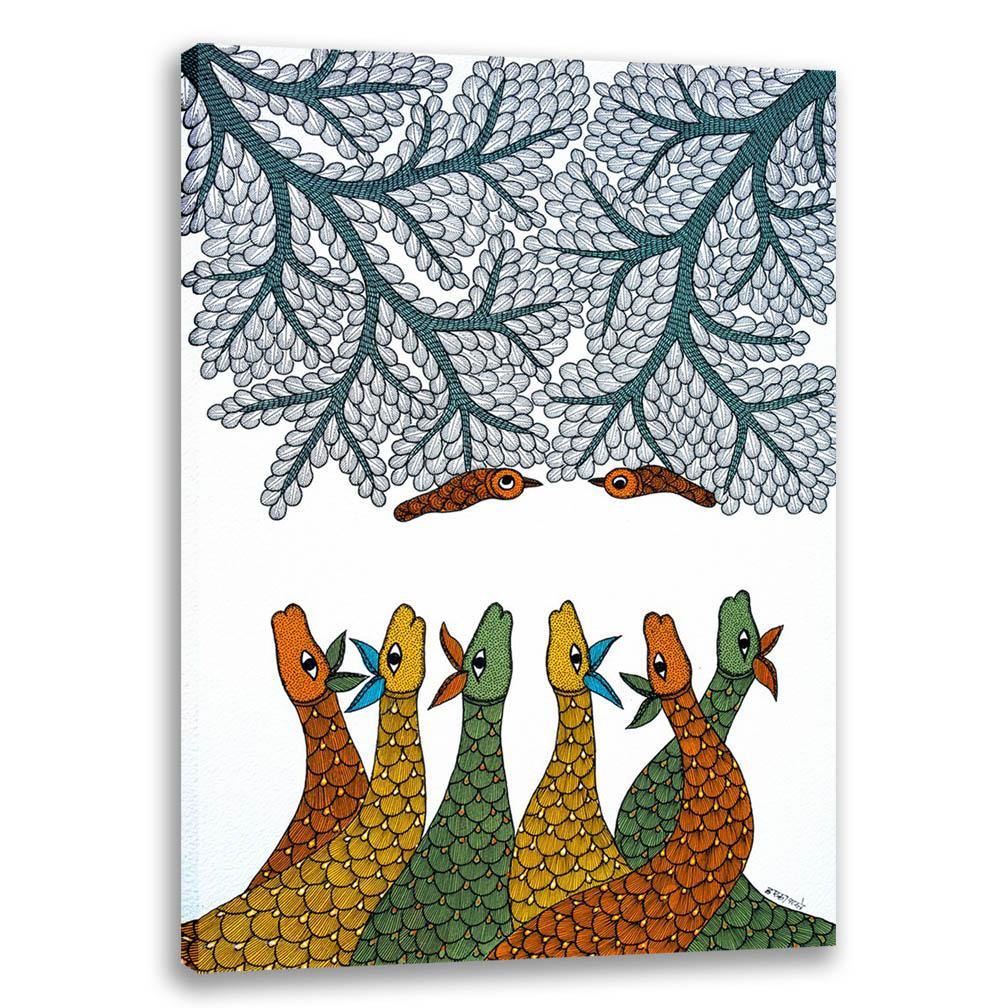 Deers and Birds, Gond Art, Indian Traditional Art, Cultural Gift, Tribal Artwork