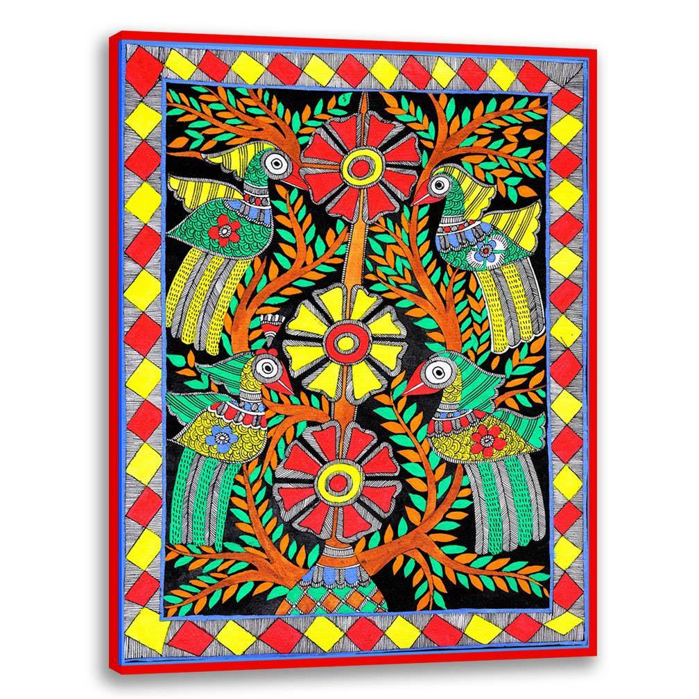 Colorful Birds, Madhubani Art, Mithila Painting, Indian Traditional Art, Cultural Gift, Tribal Artwork