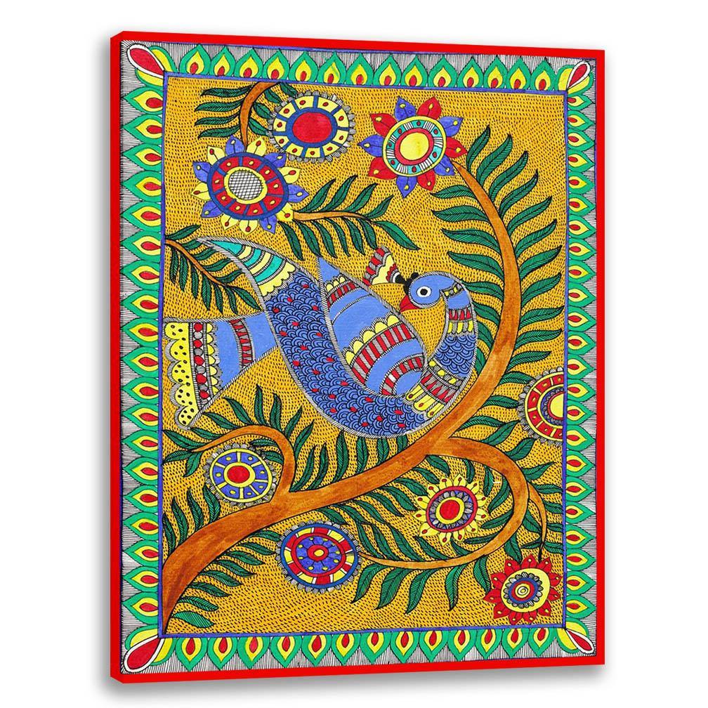 Bird on Tree, Madhubani Art-1, Mithila Painting, Indian Traditional Art, Cultural Gift, Tribal Artwork