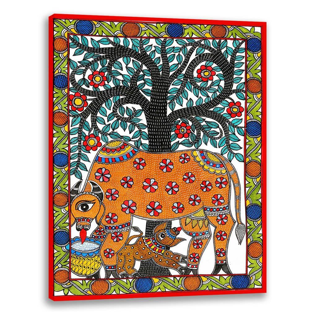 Cub and Cow, Madhubani Art, Mithila Painting, Indian Traditional Art, Cultural Gift, Tribal Artwork