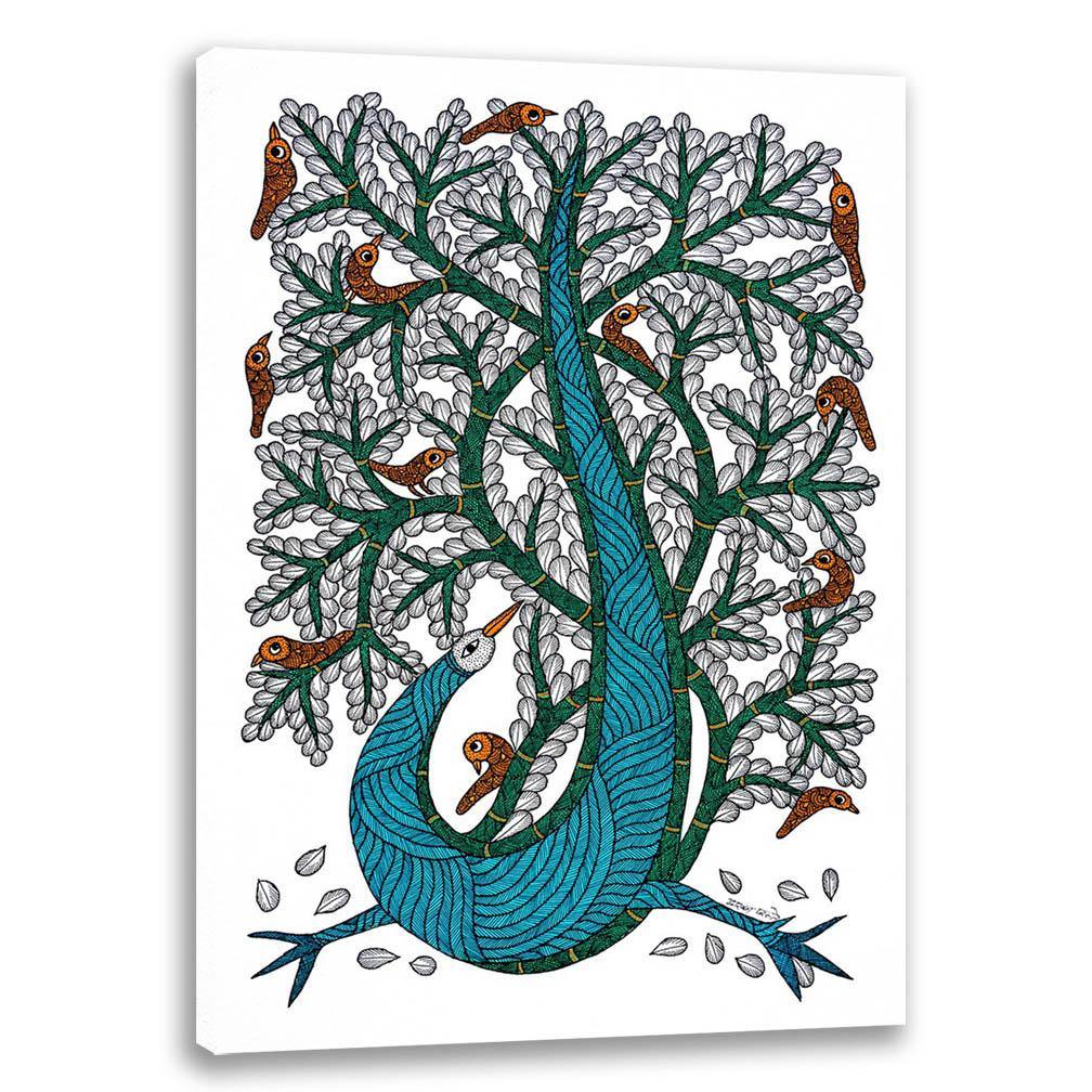 Tree of Bird, Gond Art, Indian Traditional Art, Cultural Gift