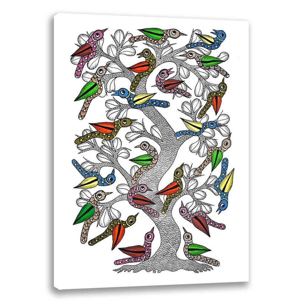Chirping Birds, Gond Art, Indian Traditional Art, Cultural Gift, Tribal Artwork