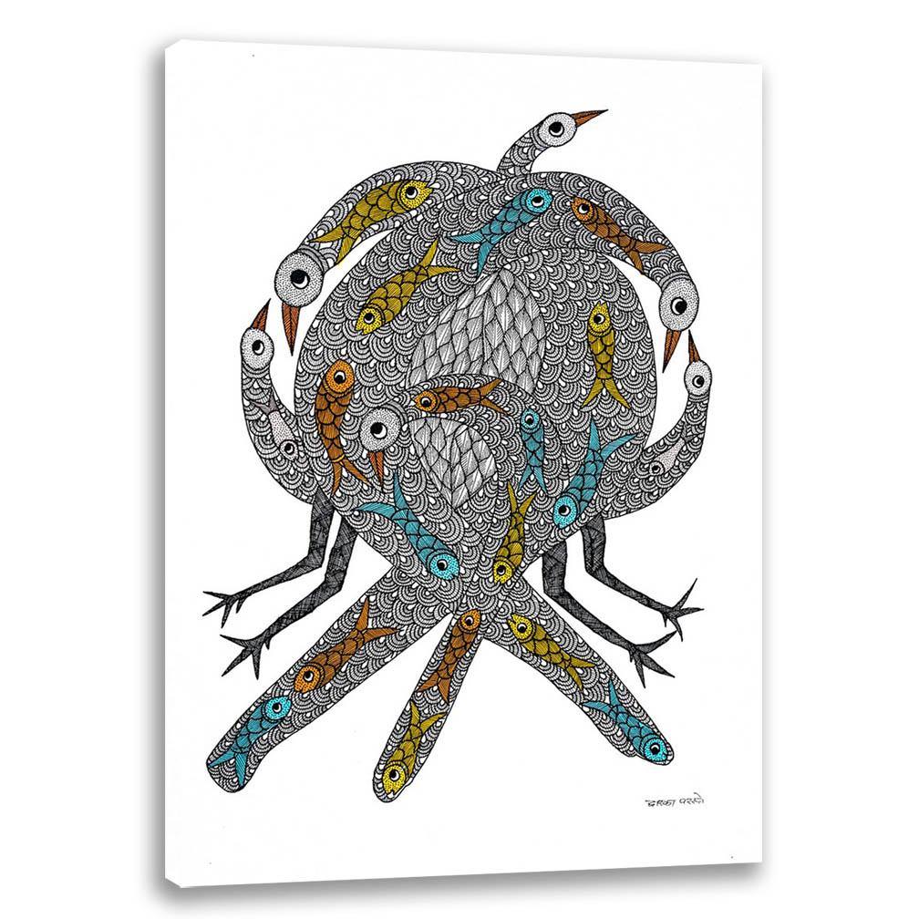 Birds Mesh, Gond Art, Indian Traditional Art, Cultural Gift, Tribal Artwork